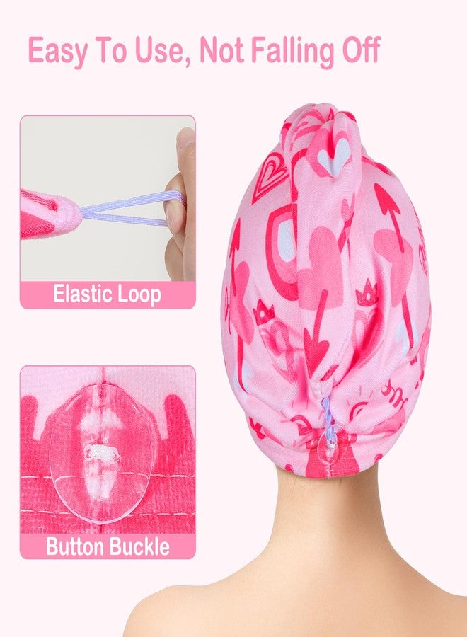 FIOBEE Microfiber Hair Towel Wrap for Kid Rapid Drying Towel Absorbent Hair Turbans for Wet Hair with Button Women Girls Long Curly Hair Pack of 2, Pink/Purple Heart - Image 5